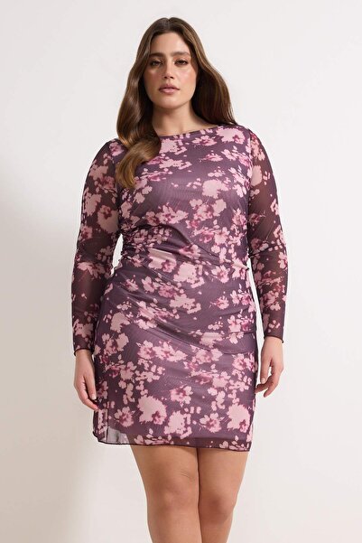 Trendyol Curve Burgundy Floral Pattern A-Line Mini Knitted Plus Size Dress Tb...