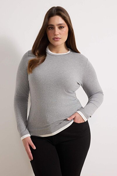 Trendyol Curve Graue, figurbetonte Bluse mit Kragendetail aus Viskose/weichem...