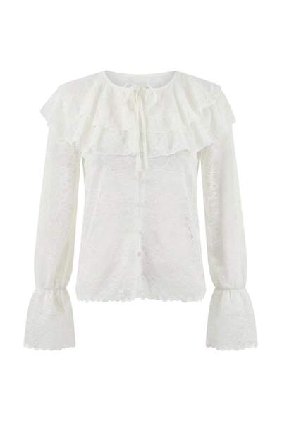 Trendyol Collection Weißes, ungefüttertes Boho-Spitzenhemd mit Rüschen TPRSS2...