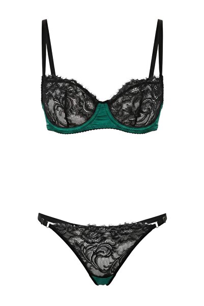 Trendyol Collection Smaragdgrünes Spitzen-Dessous-Set ohne Körbchen THMSS26CC...