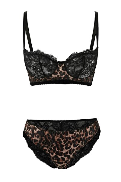 Trendyol Collection Schwarzes Spitzen-/Satin-Leoparden-Dessous-Set ohne Körbc...