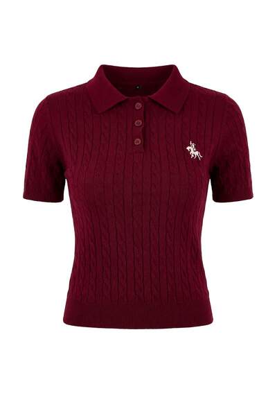 Trendyol Collection Bluză tricotată cu guler polo brodat cu cal roșu Claret T...