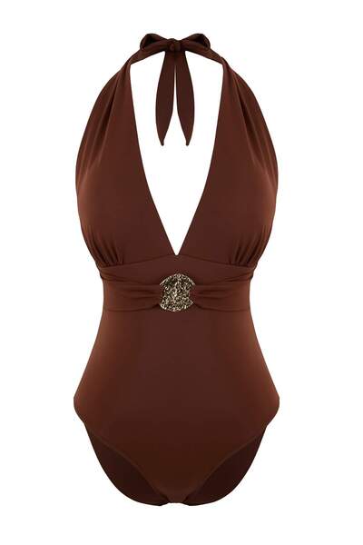 Trendyol Collection Costum de baie brazilian maro cu decolteu în V adânc și a...