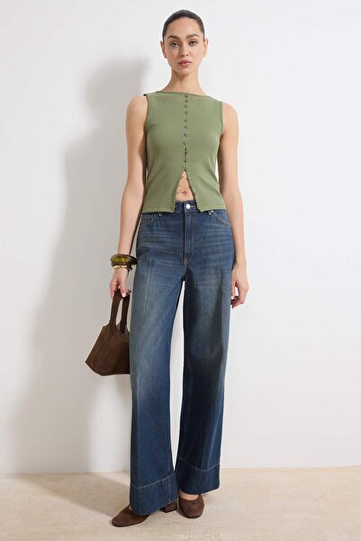 Trendyol Collection Khaki Buttoned Fitted/Bodycon Corded Fabric Stretchy Knit...