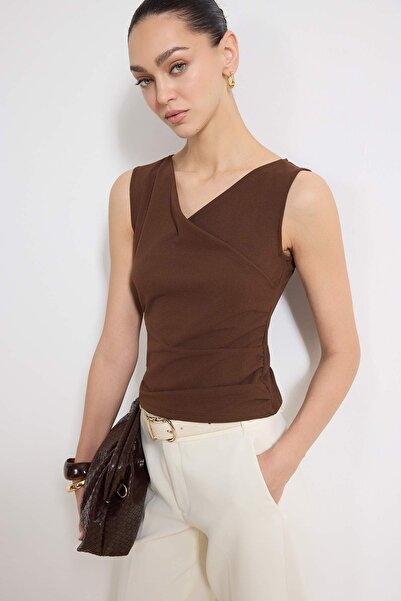 Trendyol Collection Brown Fitted/Flattering Double-Breasted Sleeveless Shirre...