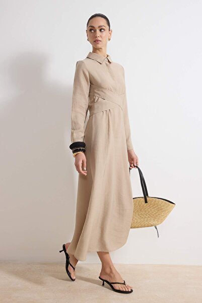 Trendyol Modest Beige Cross Belted Woven Dress Tctss26Eb00032