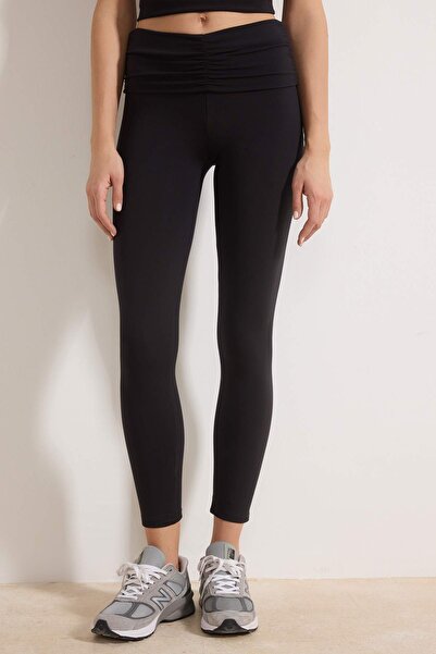 Trendyol Collection Black Gathered Waist Folded Brushed Soft Fabric Sports Le...