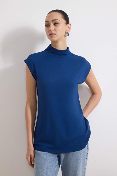 Trendyol Modest Navy Blue-Beige Fitted Viscose Single Jersey Plain Knitted Tc...