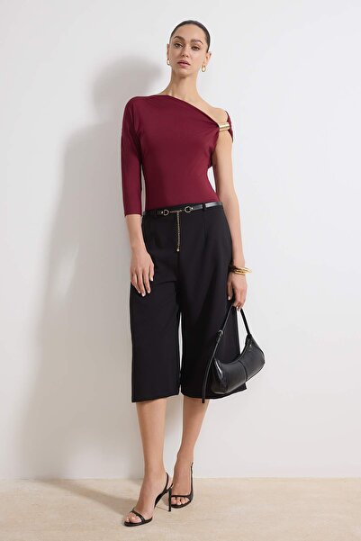 Trendyol Collection Plum Fitted/Bodycon Asymmetric Neckline Accessory Detail ...