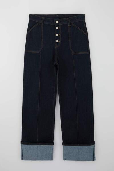 Trendyol Curve Σκούρο μπλε τζιν υψηλής μέσης με διπλό πόδι, άνετο/ελαστικό, ί...