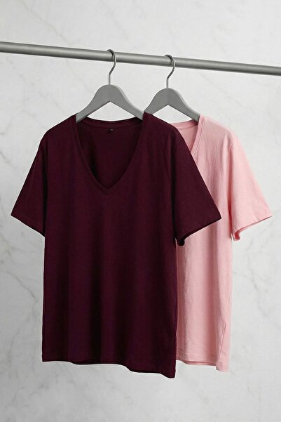Trendyol Curve Roz burgundă Pachet de basic bumbac 100% cu decolteu în V din ...