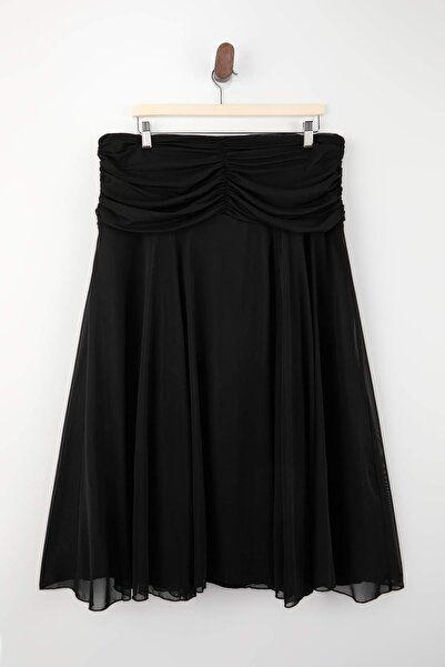 Trendyol Curve Black Maxi Shirred/Drape Detailed Boho/Boho Chic Printed Tulle...