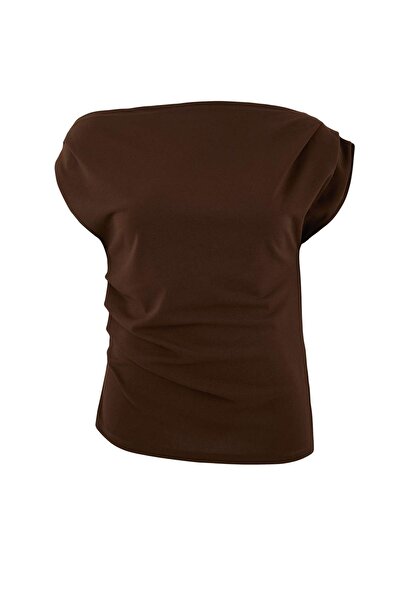 Trendyol Curve Brown Shirring/Drape Detail Flowy Asymmetrical Neckline Knitte...