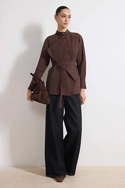 Trendyol Modest Brown Cotton Fabric Woven Shirt with Belt and Collar Detail T...