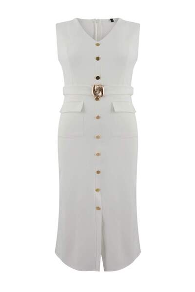 Trendyol Curve Special Collection White Belted Accessory Detailed Midi Woven ...