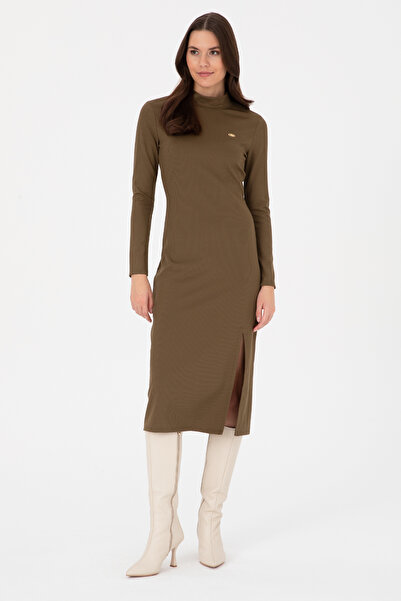 U.S. Polo Assn. Rochie tricotată cu guler în picioare kaki pentru femei 50297...