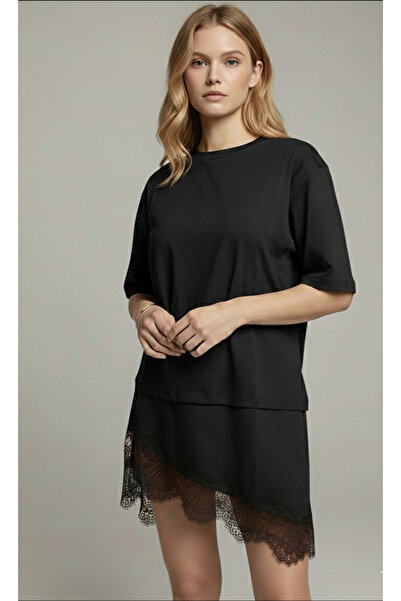 Be Best Fusta neagră de damă cu dantelă cu fantă tricou Rochie BE348