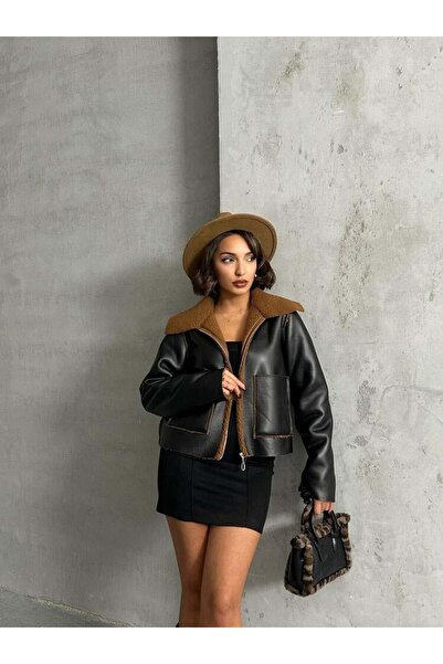 CKM MODA Jachetă scurtă din piele ecologică, căptușită cu blană, neagră și maro