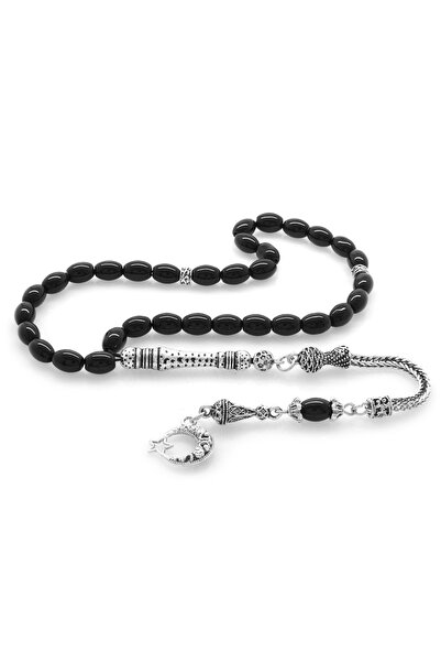 Tesbihane Kararmaz Metal Ayyıldız Püsküllü Arpa Kesim Oniks Doğaltaş Tesbih