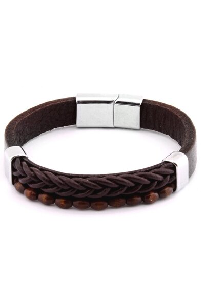 Tesbihane Hasır Tasarım Kuka İşlemeli Kahverengi Çelik Deri Kombinli Erkek Bi...