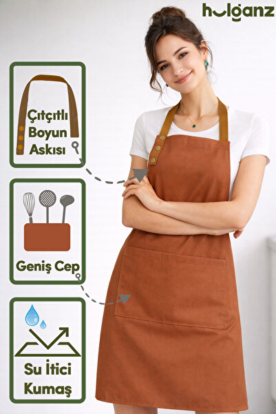 Hulganz Mutfak Önlüğü Leke Tutmaz Su itici Kumaş Çıtçıtlı Boyun Askılı Terrac...