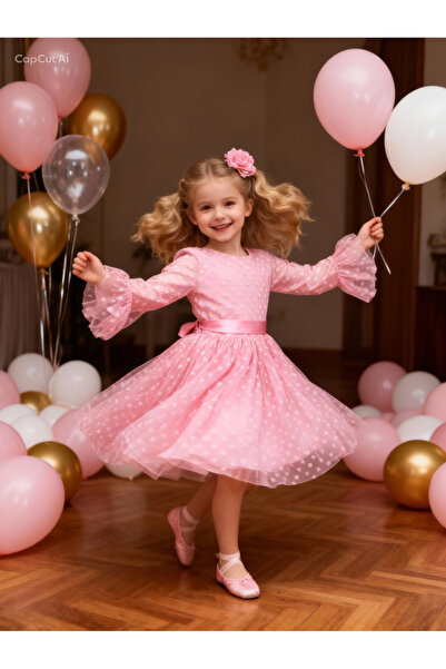 Lunas tekstil Рокля с папийонка, на точки, с бухнали ръкави от тюл