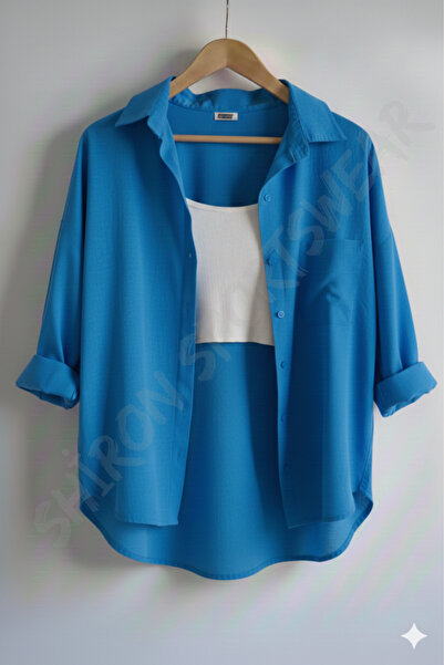 Shiron Sportswear&Company Lüx Kalite Saks Mavi Kadın Düşük Omuz Oversize Kete...