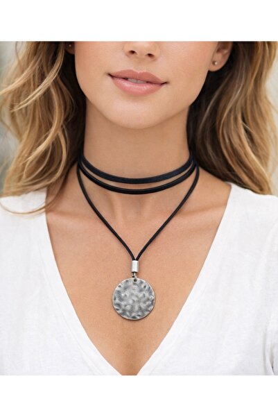 Kutcha Accessories Siyah Deri Çift Katmanlı Kolye – Gümüş Metal Yuvarlak Koly...