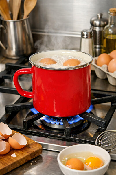 EBRULİEMAYE Red Enamel Milk Pot 1.5 Liters 12 cm Diameter Yogurt Milk Soup Eg...