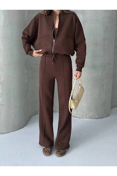 İLKCET MODA Комплект с къса блуза с цип и панталони за жени