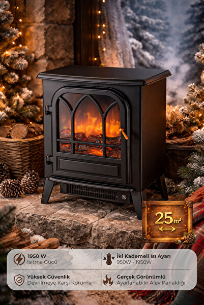 homenter Dekoratif Ayaklı Elektrikli Şömine Isıtıcı 1950W | Gerçek Odun Efekt...