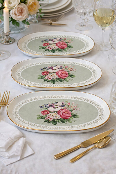 Ebruli Vintage çiçek demeti dekor 3 lü kayık tabak kahvaltı  sunumluk