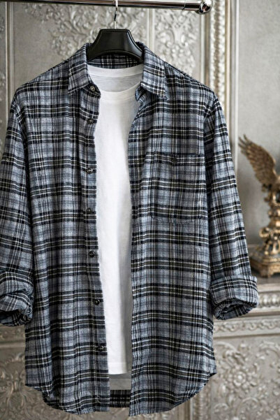 Varetta Erkek Gri Uzun Kol Cepli Kareli Kalın Kışlık Gömlek