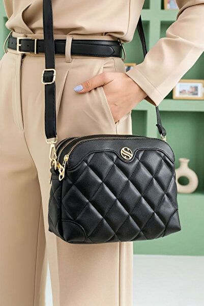 Lifonbag Дамска черна ватирана мека кожена чанта за през рамо с 4 отделения и...