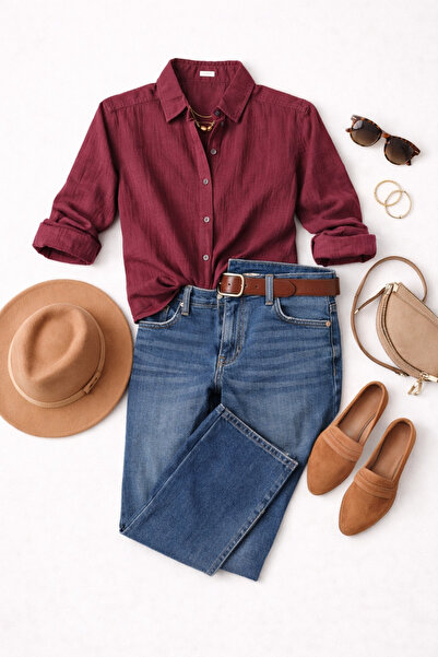 JADEWEAR Kadın Müslin Oversize Uzun Kollu Düğmeli Gömlek