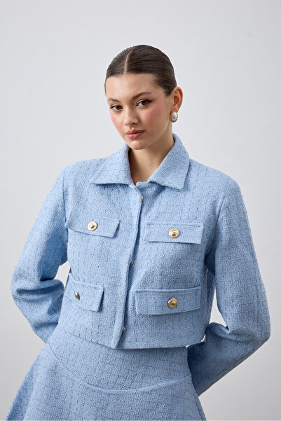 laulei Tweed Jacket with Flap Collar Light Blue