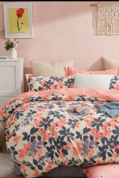 İQON طقم غطاء لحاف مطاطي مزدوج لفصل الخريف بلون السلمون