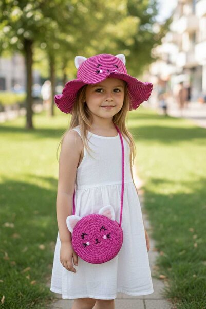 Aware Time 3-8 Yaş Kız Çocuk Hasır Aksesuarlı Fötr Şapka Çanta Set