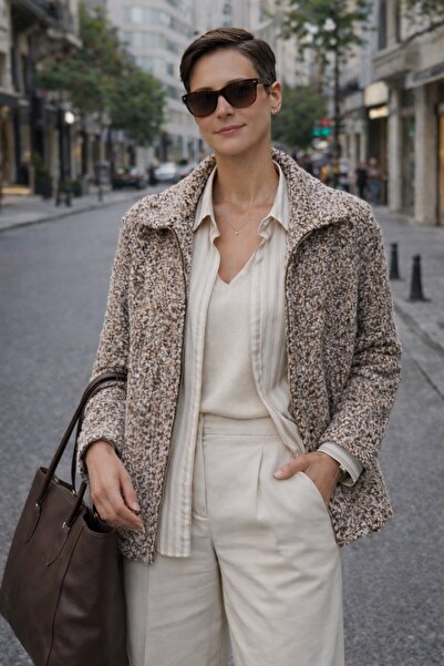 ZEYN ESTİLO Kadın Cep Detaylı Fermuarlı Bukleli Kaşmir Mont