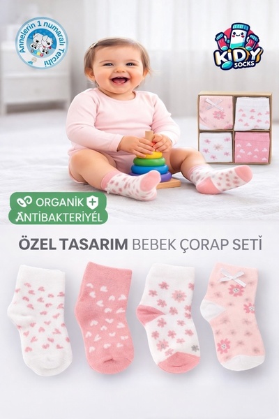 kidy 4 lü Organik Pamuk Kız Bebek Kutulu Premium Bebek Çorabı 4 çift