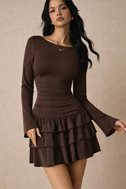 ecemore Rochie mini cu mâneci lungi cu volane în straturi E9107