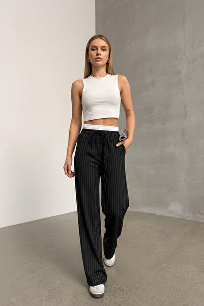 SLAY BUTİK Bağlamalı Çift Bel Lastikli Çizgili Palazzo Pantolon