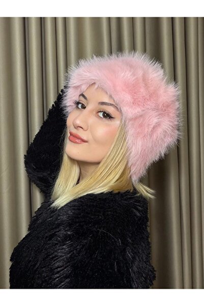 GRAZELLA Pembe Kışlık Rus Kalpak Şapka Kabarık Yoğun Uzun Tüylü Peluş Suni Kü...