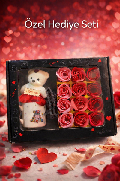 Gül Aşk Temalı Hediye Kutusu – Ayıcık, Porselen Kupa