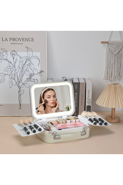 NiceLand Profesyonel Mega Boy Led Işıklı Aynalı Makyaj Çantası Metal - Beyaz