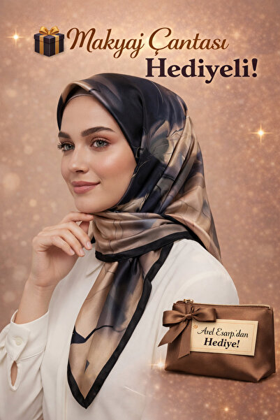 Picasso İpek Görünümlü Siyah-Lacivert-Bej Kristal Eşarp – Twill Şık Tasarım 9...