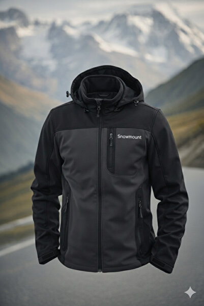 SNOWMOUNT Siyah Antrasit Renk Softshell Sök Tak Kapüşonlu Kışlık Polarlı Mont...