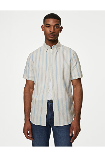 Marks & Spencer Kısa Kollu Çizgili Keten Gömlek