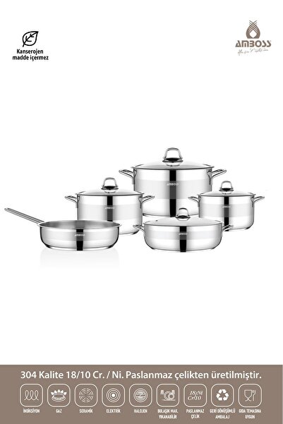 Amboss Silvana 9 Parça Tüm Ocaklara Uyumlu Paslanmaz Çelik Tencere Tava Seti