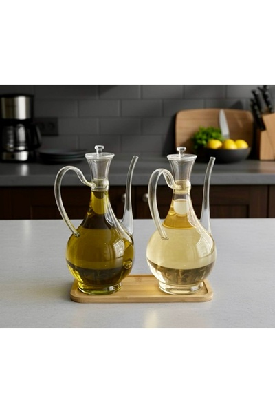 Pembelia Life Bambu Standlı 2’li Borosilikat Cam Lüx 750 ml Yağdanlık Yağlık ...